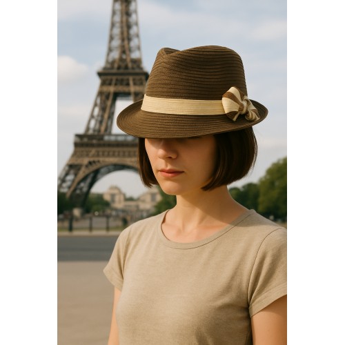Fedora Straw Hat w/ Flower Corsage - Brown - HT-1186BR